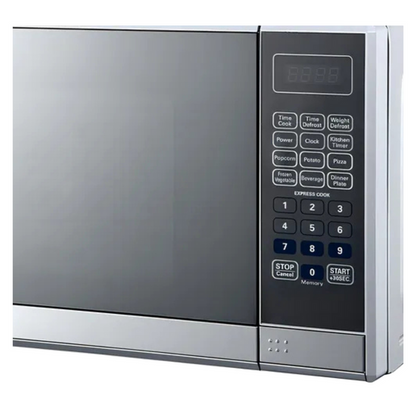 Stainless steel microwave oven with digital control panel on a white background
