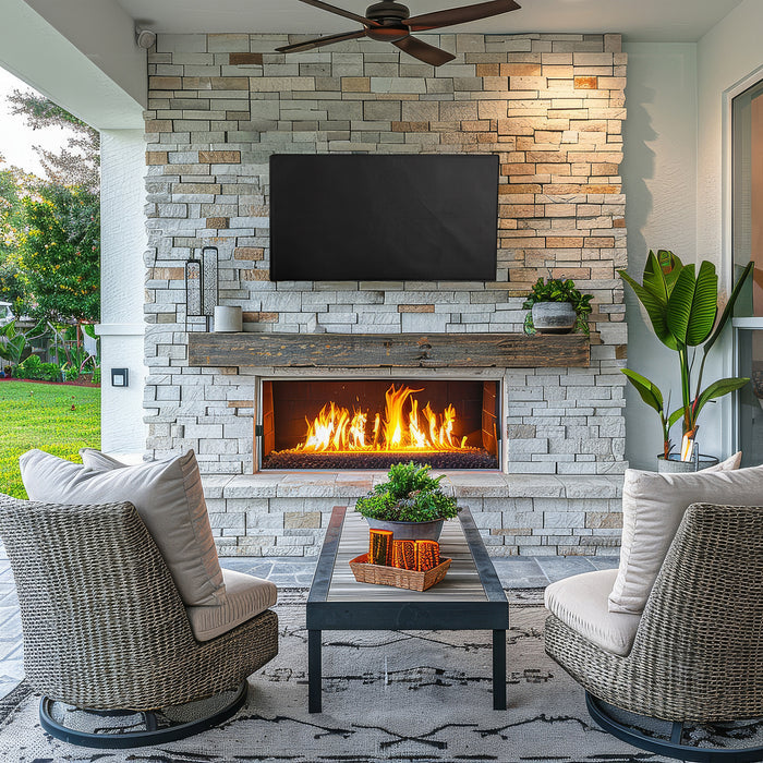 Outdoor patio with stone fireplace, TV, and wicker chairs and TV with protective cover.