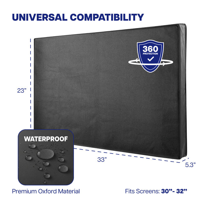 Black TV protector with measurements and compatibility details on a white background