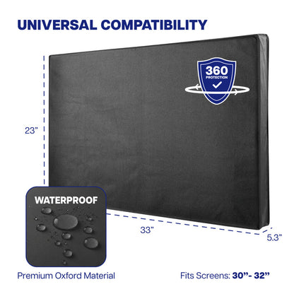 Black TV protector with measurements and compatibility details on a white background