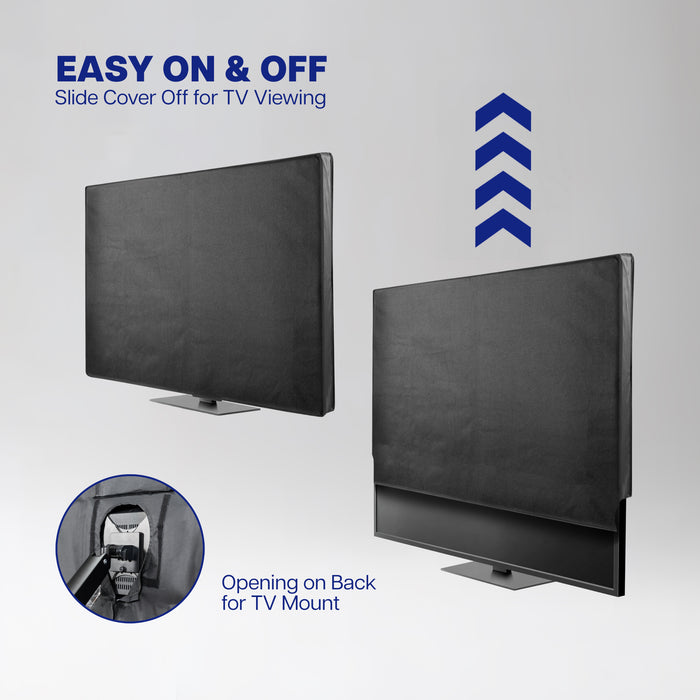 Black TV cover with instructions on how to use it, on a light gray background.