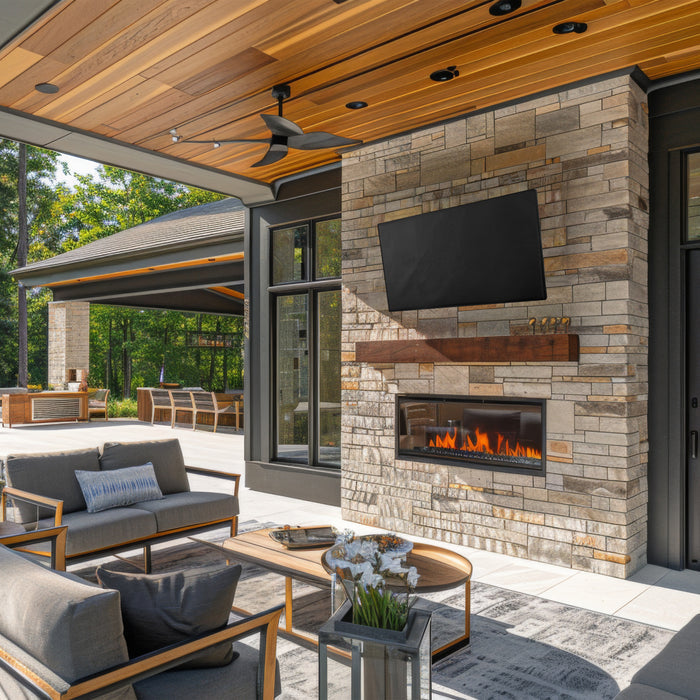Outdoor patio with stone fireplace, TV with TV protective cover, and furniture