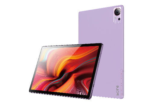 A purple FOLG Tab 10S tablet with a 10.1 inch screen in landscape mode, showing a colorful screen saver and the camera at the back.