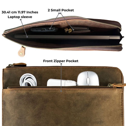 Full Grain Leather Laptop Sleeve with Integrated Hand Strap