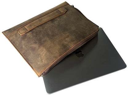 Full Grain Leather Laptop Sleeve with Integrated Hand Strap