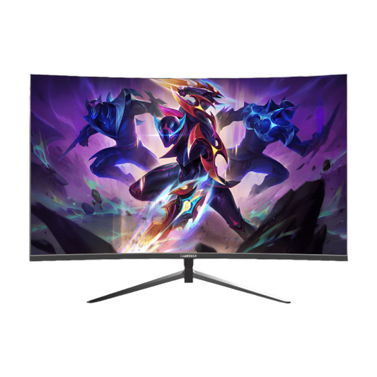 A curved gaming monitor displaying a colorful graphic of a character in an action pose on a black background.