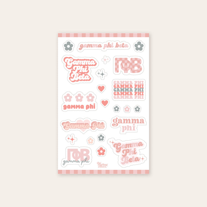 The Darling Effect's Gamma Phi Beta Sticker Sheet features "Gamma Phi Beta" and "gamma phi" in different fonts, plus pink and gray hearts, flowers, stars, and a pink striped border—perfect for displaying your sorority pride!.