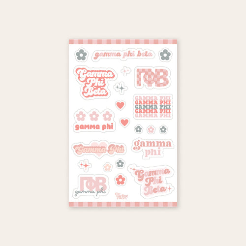 The Darling Effect's Gamma Phi Beta Sticker Sheet features "Gamma Phi Beta" and "gamma phi" in different fonts, plus pink and gray hearts, flowers, stars, and a pink striped border—perfect for displaying your sorority pride!.
