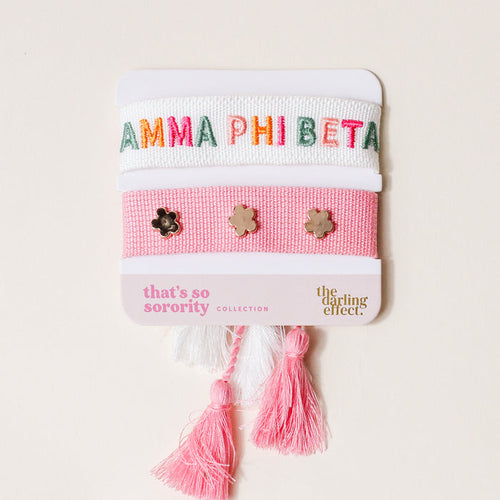 The Darling Effect's Gamma Phi Beta Woven Bracelet Set includes three unique bracelets—a fun and colorful sisterhood gift from the That's So Sorority Collection.