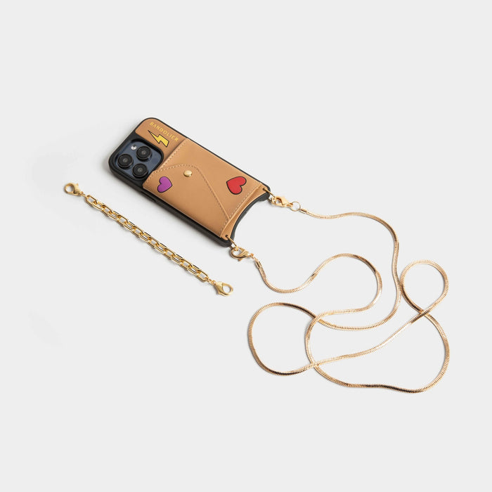 Gia Bolt Side Slot Leather Crossbody Bandolier Set - Electric Heart/Tan/Gold on