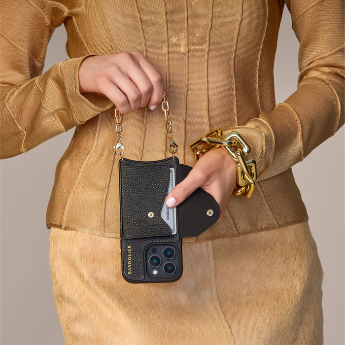 Gia Side Slot Leather Crossbody Bandolier Set - Black/Gold