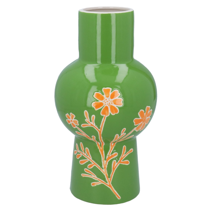 Gisela Graham Ceramic Modernist Vase - Green With Orange Flowers