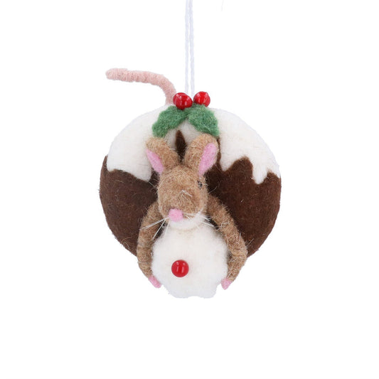 Gisela Graham Wool Christmas Decoration - Mouse In Pudding