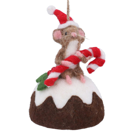 Gisela Graham Wool Hanging Decoration - Mouse With Candy Cane & Christmas Pudding