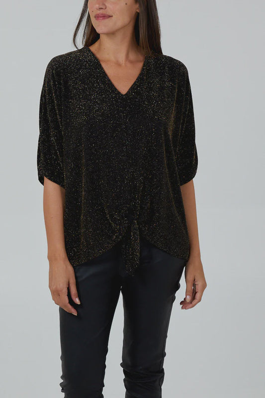 Glitter Lurex Tie Front Blouse