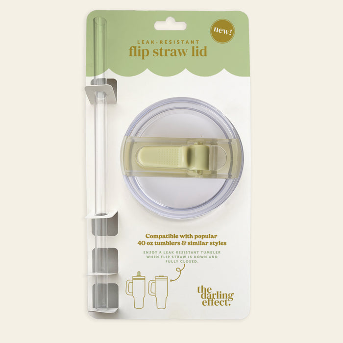 Packaging for the-darling-effect Green 40 oz Lifestyle Flip Straw Lid: a leak-resistant, clear lid with light olive flip top and clear straw. Designed for 40 oz tumblers—highlighting compatibility and signature branding. Hydration made simple.