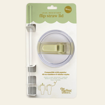 Packaging for the-darling-effect Green 40 oz Lifestyle Flip Straw Lid: a leak-resistant, clear lid with light olive flip top and clear straw. Designed for 40 oz tumblers—highlighting compatibility and signature branding. Hydration made simple.