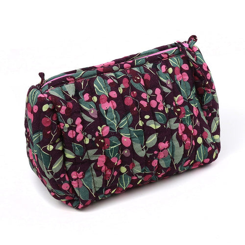 Green & Aubergine Winter Berries Print Toiletry/Make-Up Bag - Small