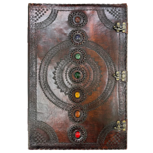 Handcrafted Extra Large Leather Journal - Seven Chakra Stone Book of Shadow Diary