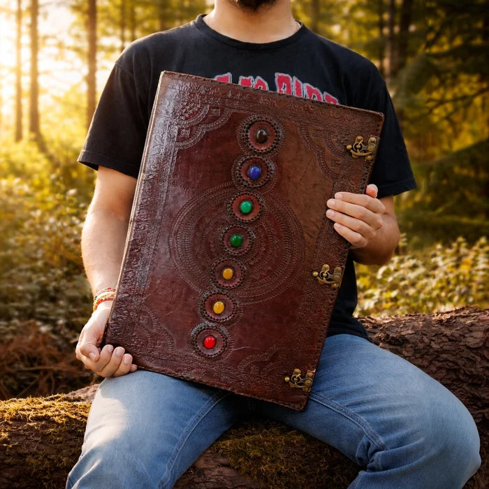 Handcrafted Extra Large Leather Journal - Seven Chakra Stone Book of Shadow Diary