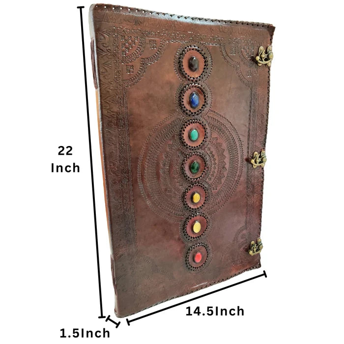 Handcrafted Extra Large Leather Journal - Seven Chakra Stone Book of Shadow Diary