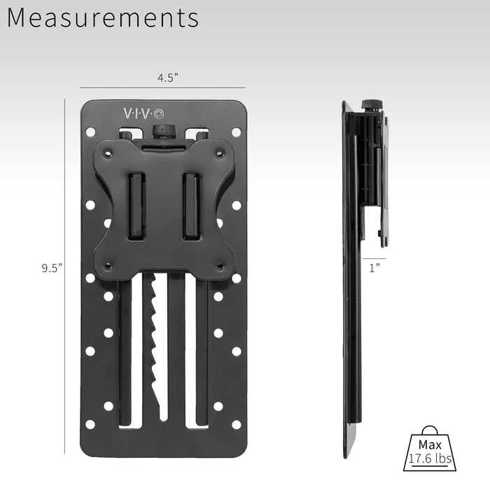 Black VESA adapter bracket with measurements and brand logo on a white background
