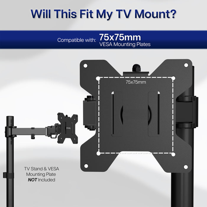 Height-adjustable Vesa adapter attached to a monitor on a desk with office background