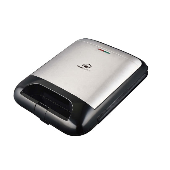 A silver Home electric Grill with a stainless steel decoration and black accents. It features a closed lid and temperature control knob.