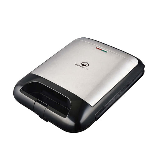 A silver Home electric Grill with a stainless steel decoration and black accents. It features a closed lid and temperature control knob.