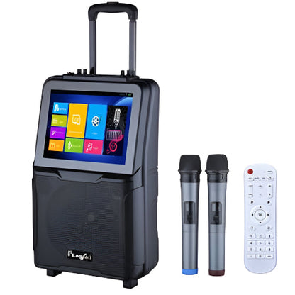 IKEDO portable wireless speaker with a 10-inch LED TV digital display, in black color, accompanied by two wireless microphones and a remote control.