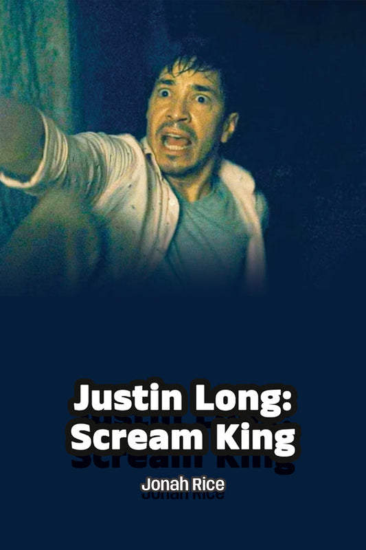 Book cover of 'Justin Long: Scream King' by Jonah Rice with a dark background and text.