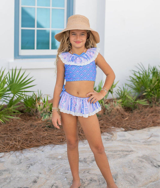 Kids Abby Periwinkle, Pink, and Lace 2 Piece Ruffle Swimsuit