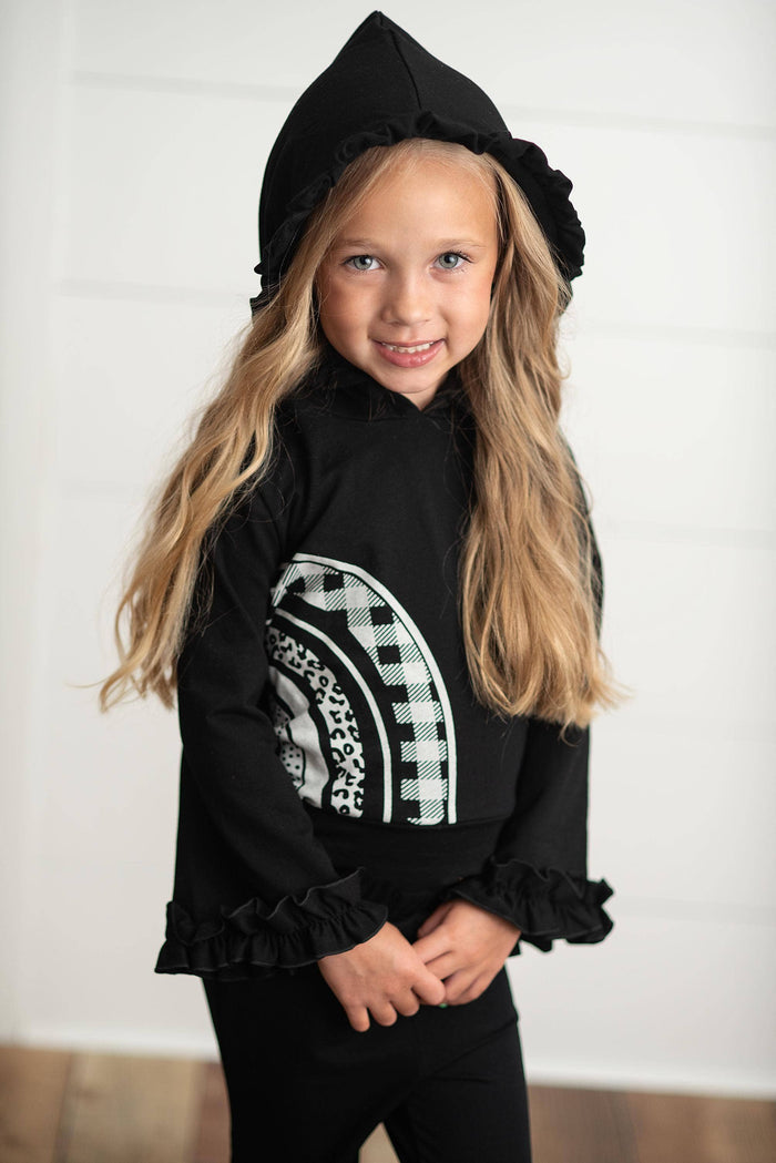 Kids Black & White Rainbow Check Hooded Ruffle Pocket Set