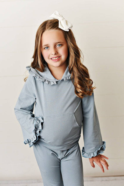 Kids Gray Hooded Ruffle Pocket Fall Winter Lounge Set
