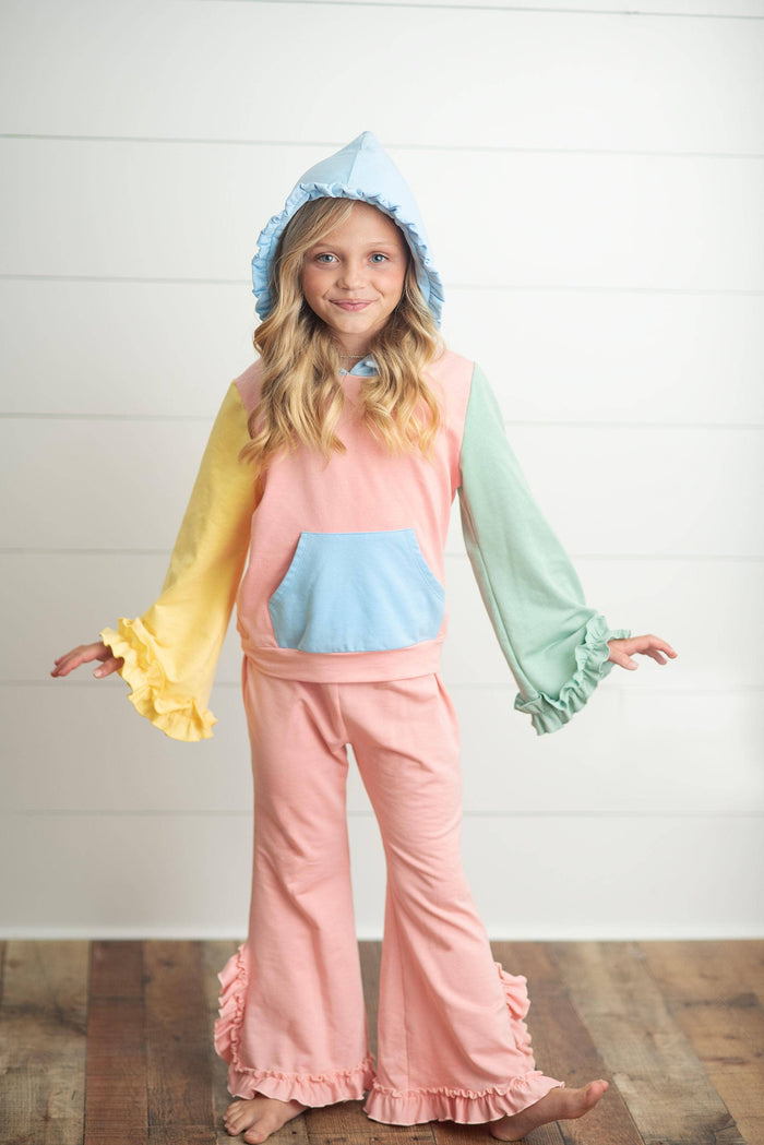 Kids Pastel Color Block Hooded Ruffle Pocket Fall Lounge Set