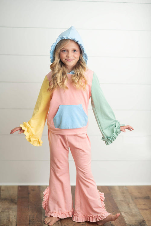 Kids Pastel Color Block Hooded Ruffle Pocket Fall Lounge Set