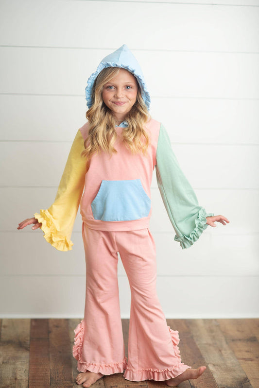 Kids Pastel Color Block Hooded Ruffle Pocket Fall Lounge Set