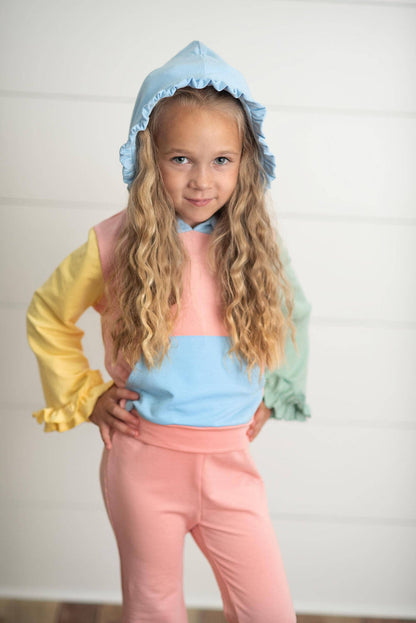Kids Pastel Color Block Hooded Ruffle Pocket Fall Lounge Set