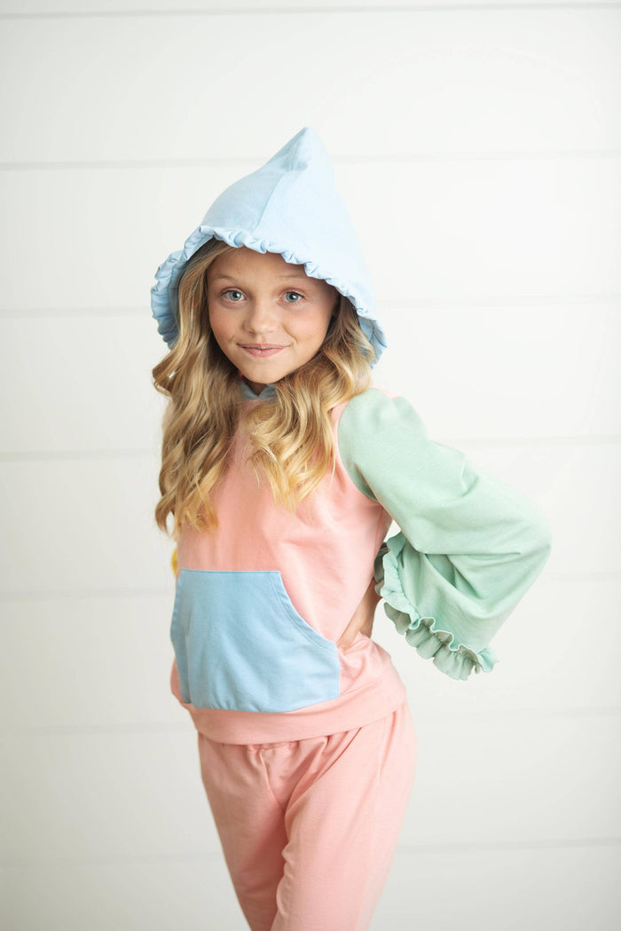 Kids Pastel Color Block Hooded Ruffle Pocket Fall Lounge Set