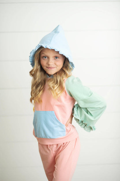 Kids Pastel Color Block Hooded Ruffle Pocket Fall Lounge Set