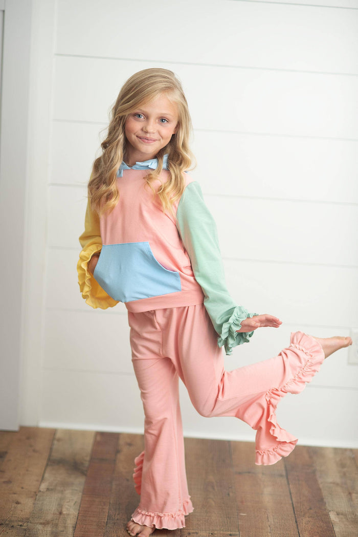Kids Pastel Color Block Hooded Ruffle Pocket Fall Lounge Set