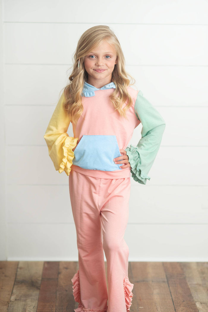 Kids Pastel Color Block Hooded Ruffle Pocket Fall Lounge Set