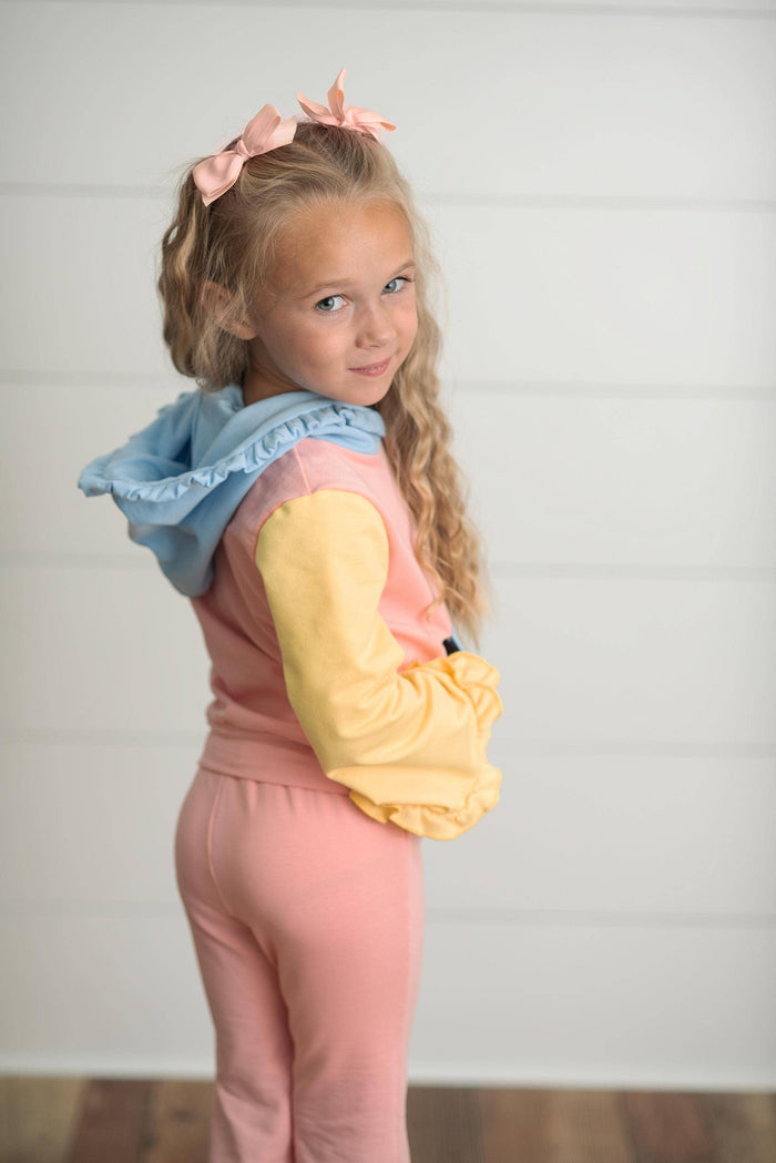 Kids Pastel Color Block Hooded Ruffle Pocket Fall Lounge Set