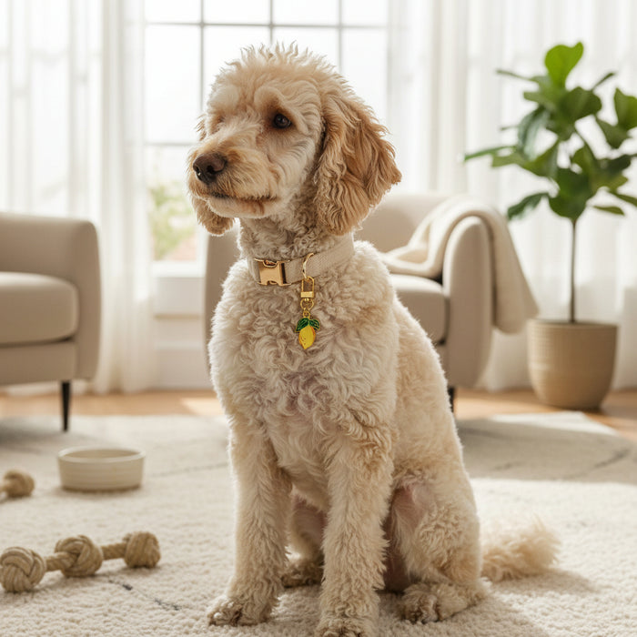 A curly-haired, light-colored dog wearing trendy accessories and The Darling Effect's Lemon Pawfect Collar Charm sits on a rug in a bright living room with armchairs, a potted plant, and dog toys scattered on the floor.