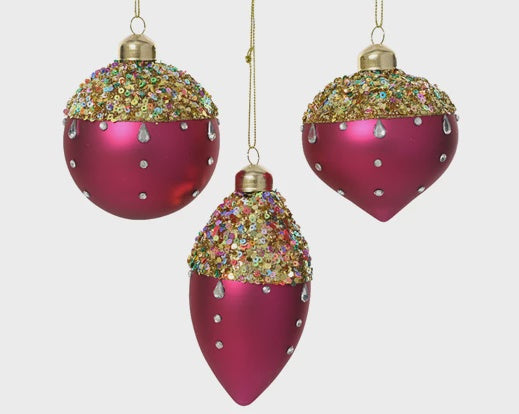 Magenta Diamante Detail Matt Glass Bauble - 8cm