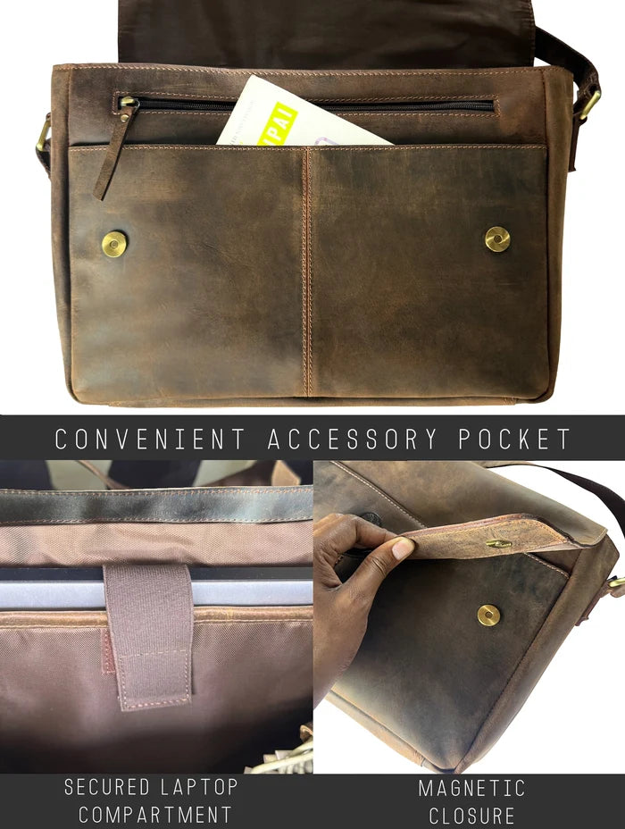 Maverick Leather Messenger Bag for Men - Travel Crossbody Laptop Satchel