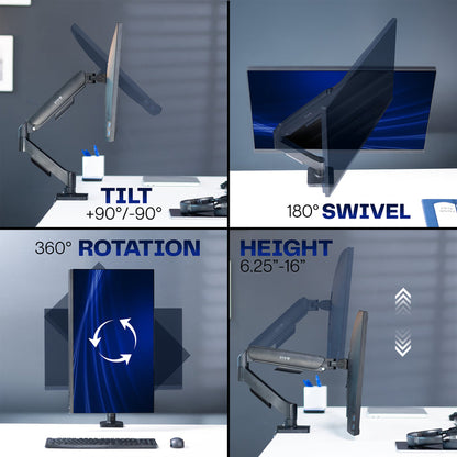 Mechanical Arm Single Monitor Desk Mount with tilt, swivel, rotation, and height adjustment features on a gray background.