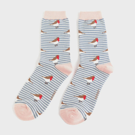 Miss Sparrow Robins On Stripes Socks - Denim
