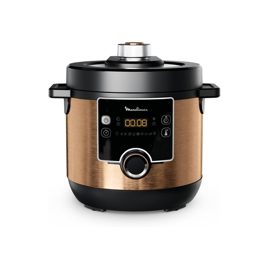 Moulinex Pressure Cooker with a digital display, in gold and black colors