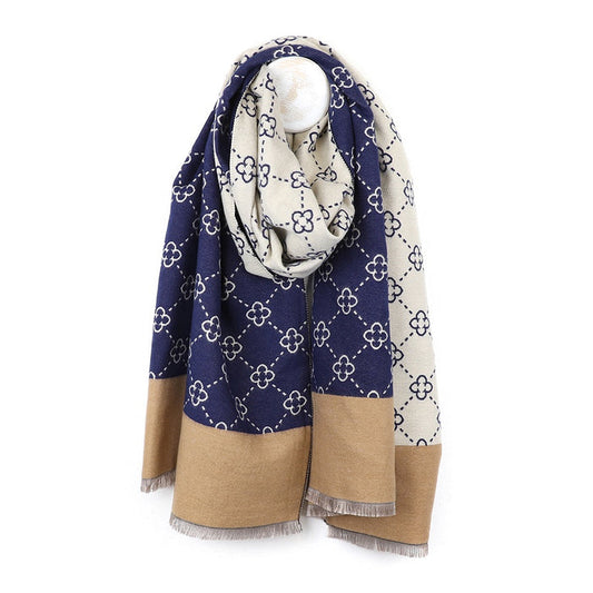 Navy & Beige Quatrefoil Jacquard Scarf